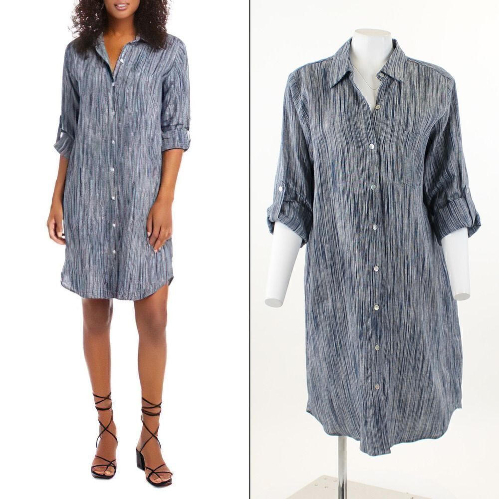 Karen Kane Stripe Long Sleeve Linen Shirtdress in Blue